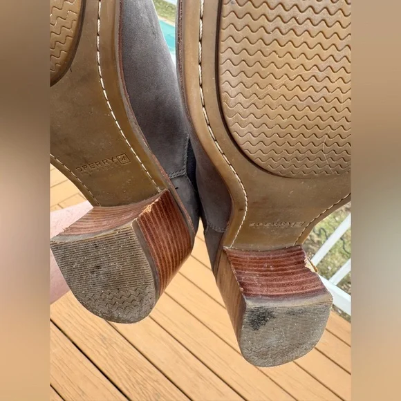 Sperry Leather Ankle Boots 8M Taupe Braided Strap Block Heel Chelsea Boho - Picture 12 of 16